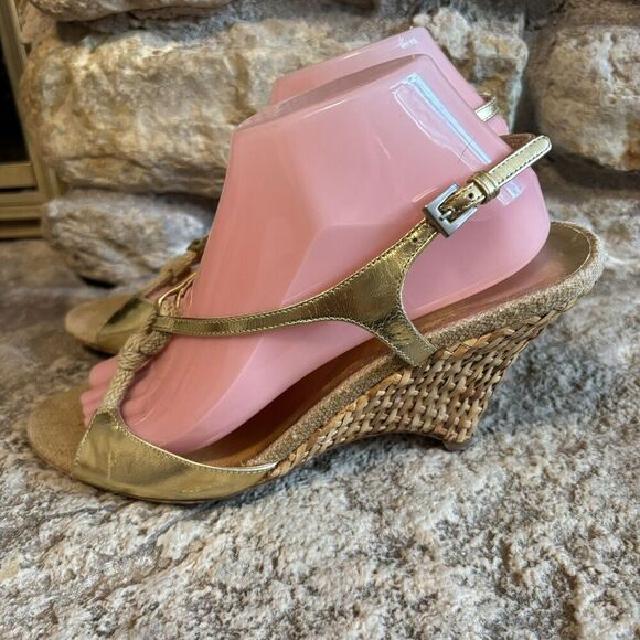 PRADA Vintage Gold Leather Slingback Basket Weave 4" Wedge Heels Sandals 40/9.5 - Picture 4 of 9